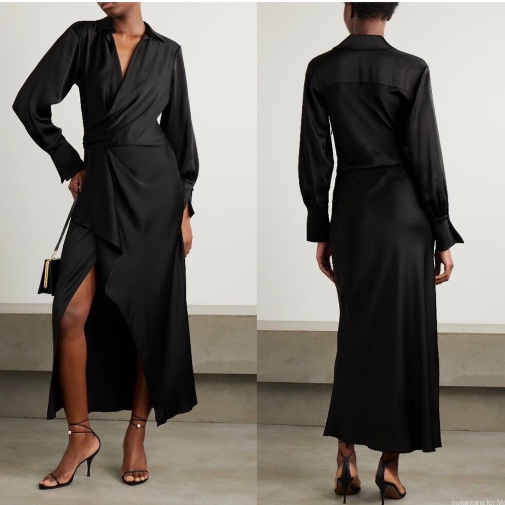 SIMKHAI Talita draped wrap-effect satin midi dress, black size 4 1518